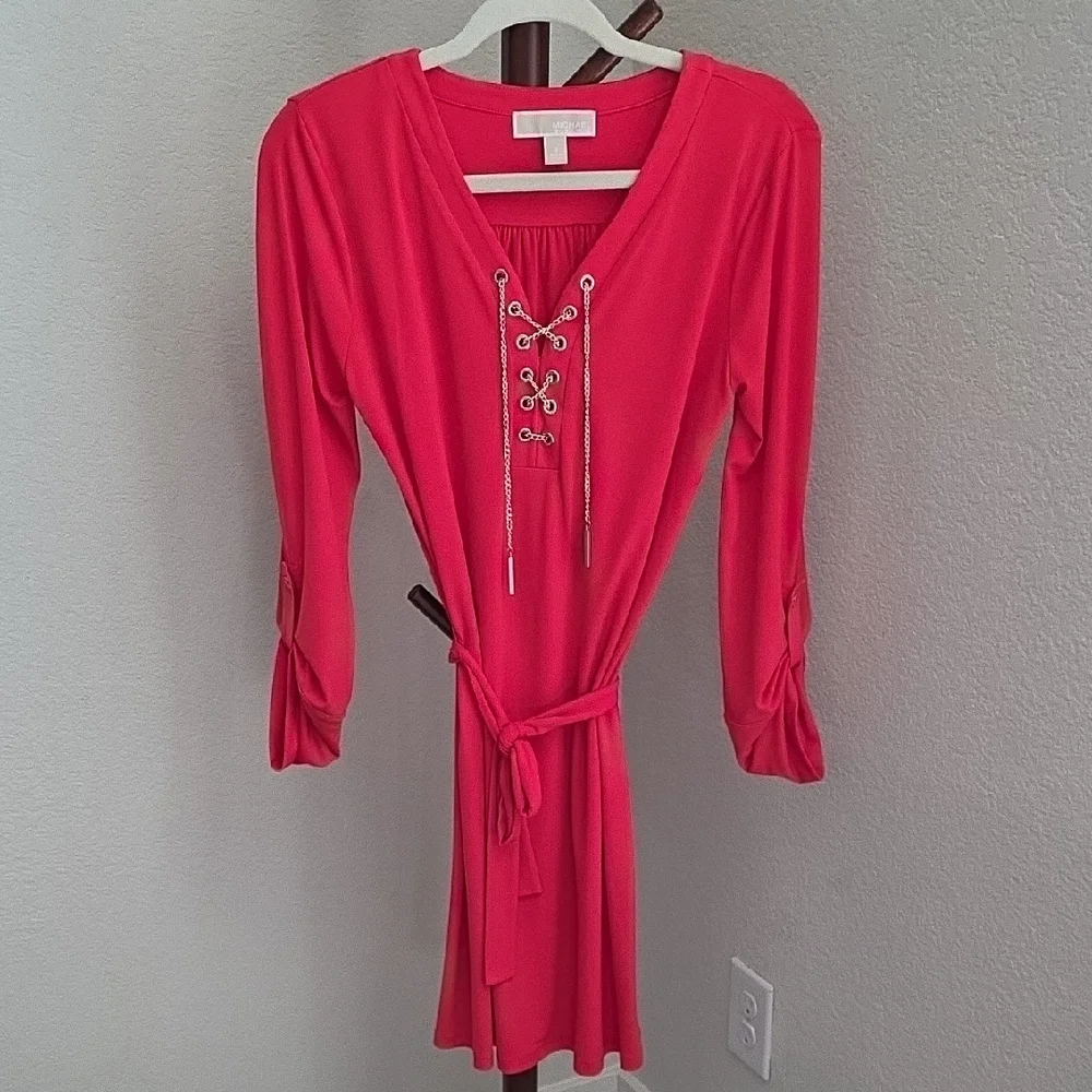 Michael Kors Red Lace-Up Long Sleeve Dress - Picture 1 of 5